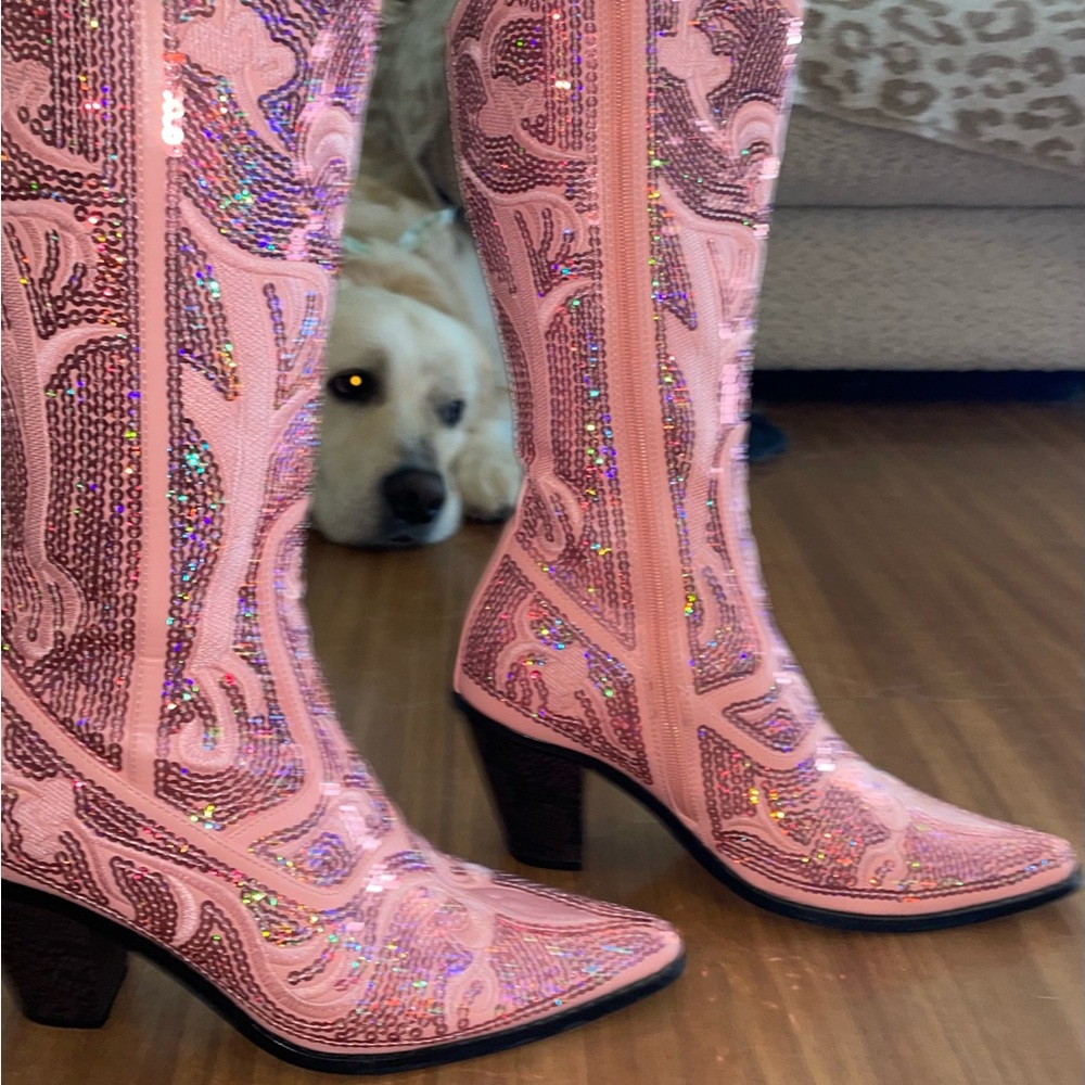 Pink Sequin Heeled Western Boots